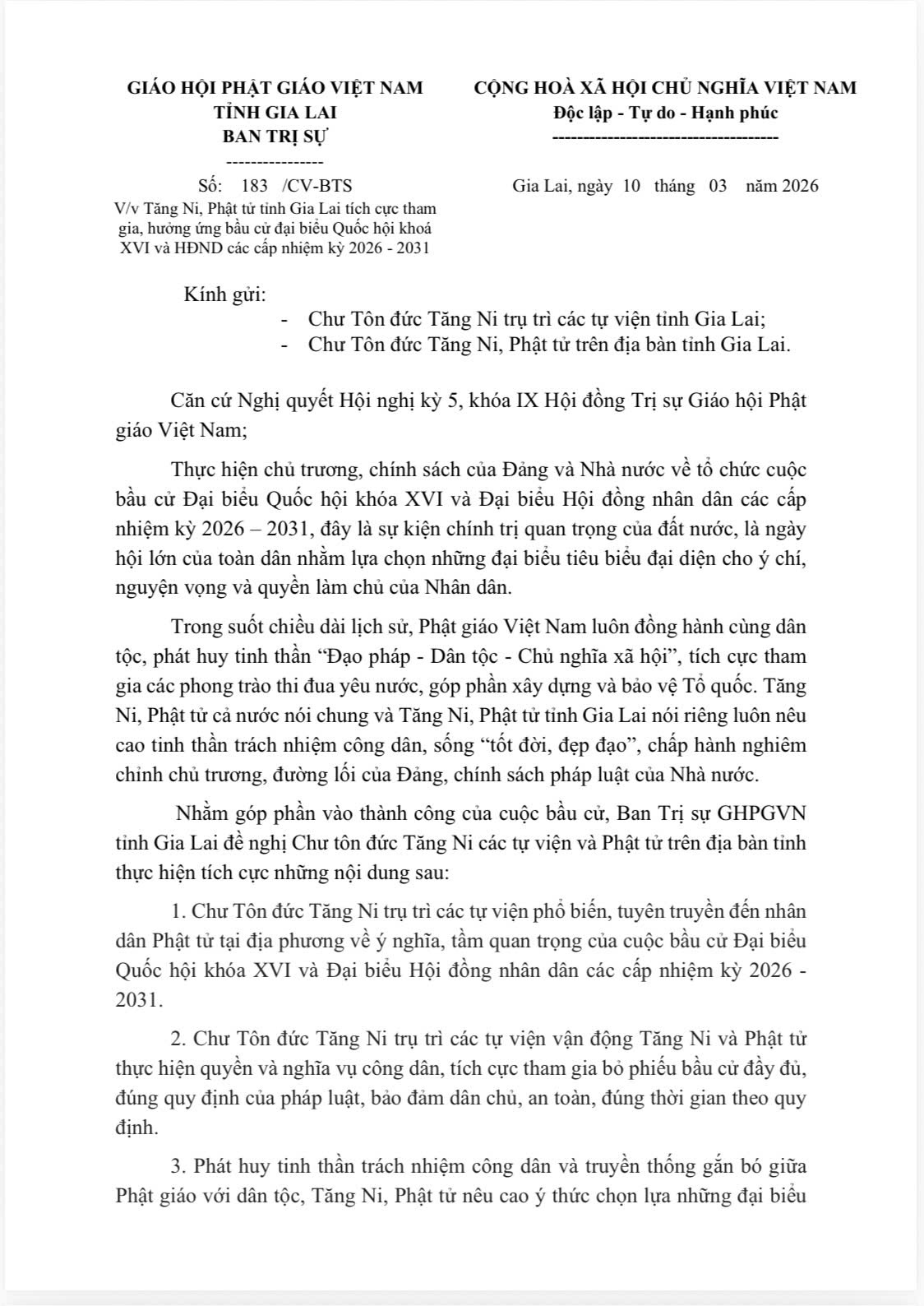 Ban Trị sự Phật giáo tỉnh ban hành công văn đề nghị Tăng Ni, Phật tử tham gia bầu cử